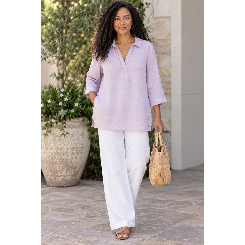 Tahari Linen Tunic Top Size 1X Purple  3/4 Sleeve V Neck Side buttons Minimalist
